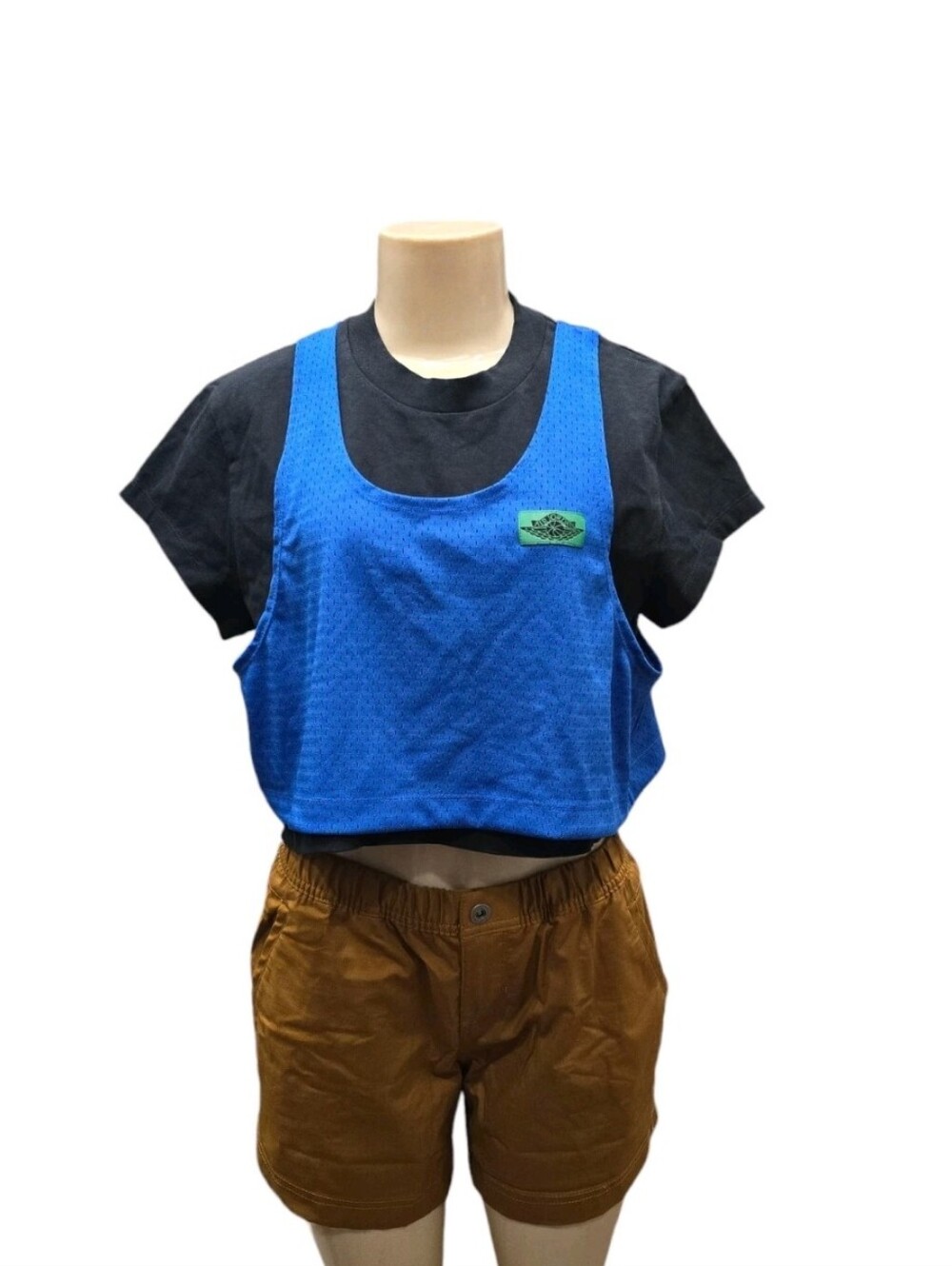 Air Jordan Blue Mesh Crop Top & Black T-Shirt Layered Set Streetwear Sz M